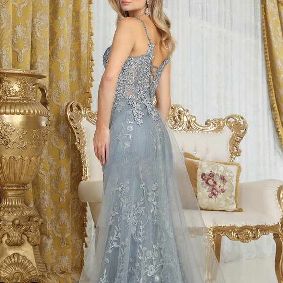 Dusty blue fitted lace applique beaded dress with lace up open back - Picture 5 of 8